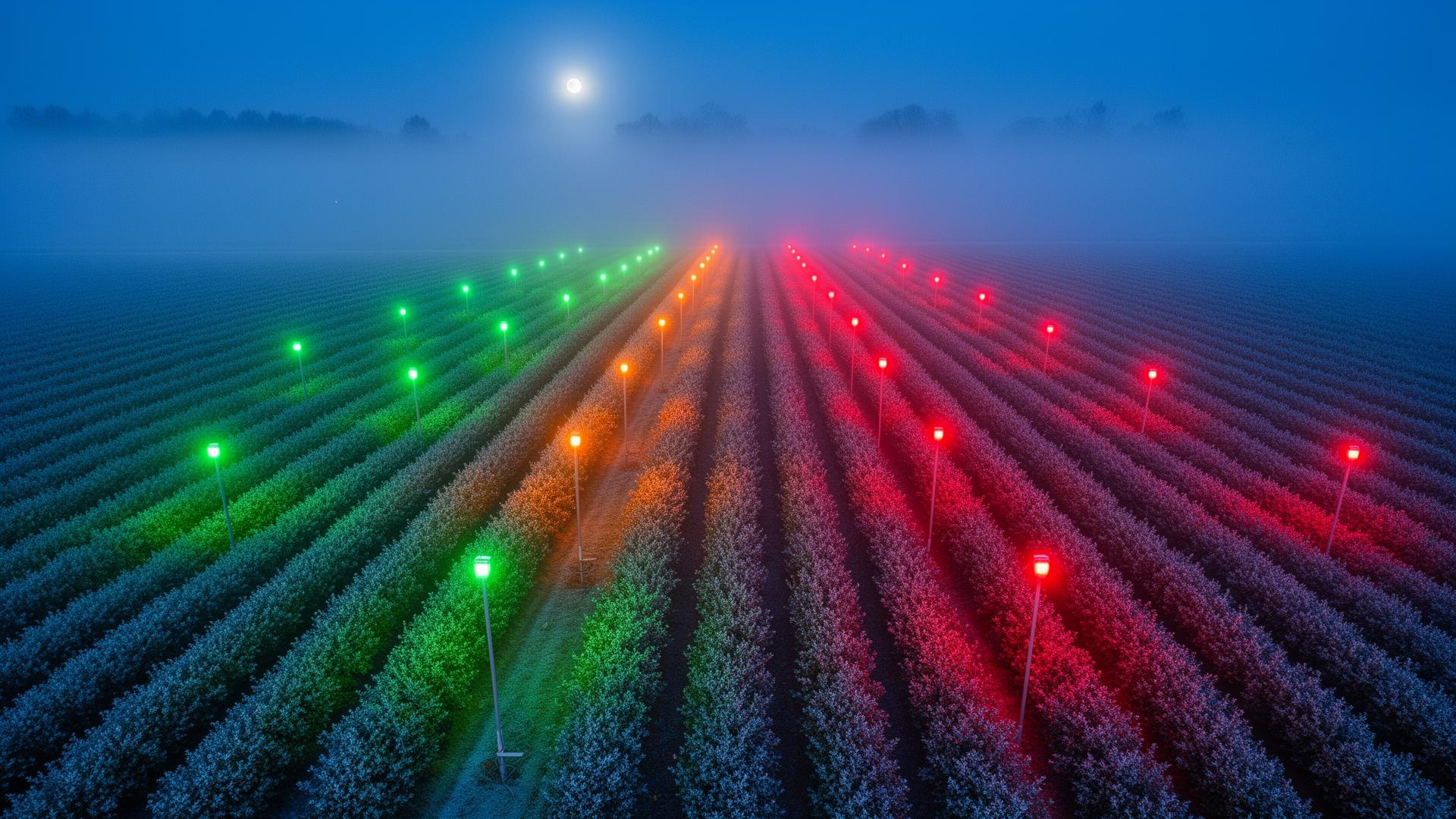 Aerofrost beacon grid illuminating blueberry crops at night